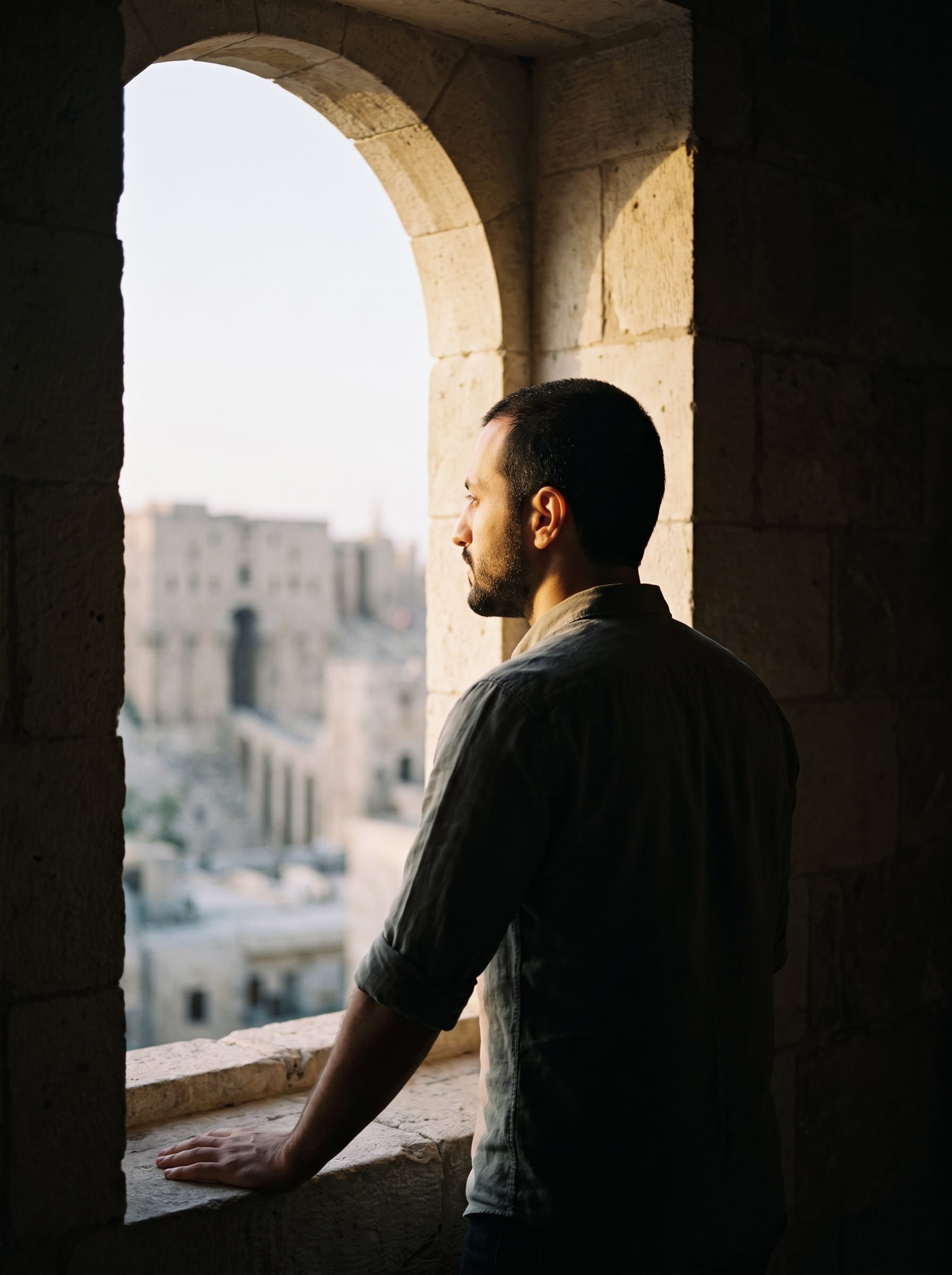 رجل عند نافذة حجرية تطل على قلعة حلب في الأسابيع التي تلي زراعة الشعر، وقد نما شعره قصيراً متساوياً