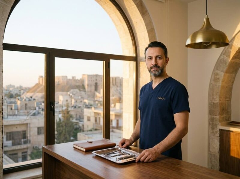 سِمَة عيادة زراعة الشعر في حلب، اختصاصي تركي عند نافذة عيادة مُطلّة على المدينة القديمة.