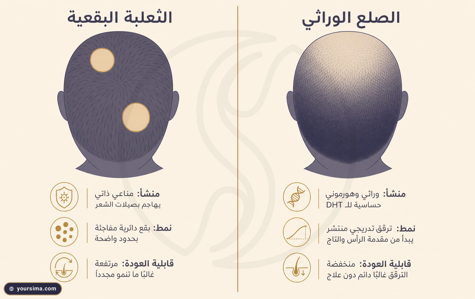 مخطط من لوحتين يقارن بين الثعلبة البقعية ذات البقع الناعمة المحدّدة والصلع الوراثي ذي الترقّق التدريجي