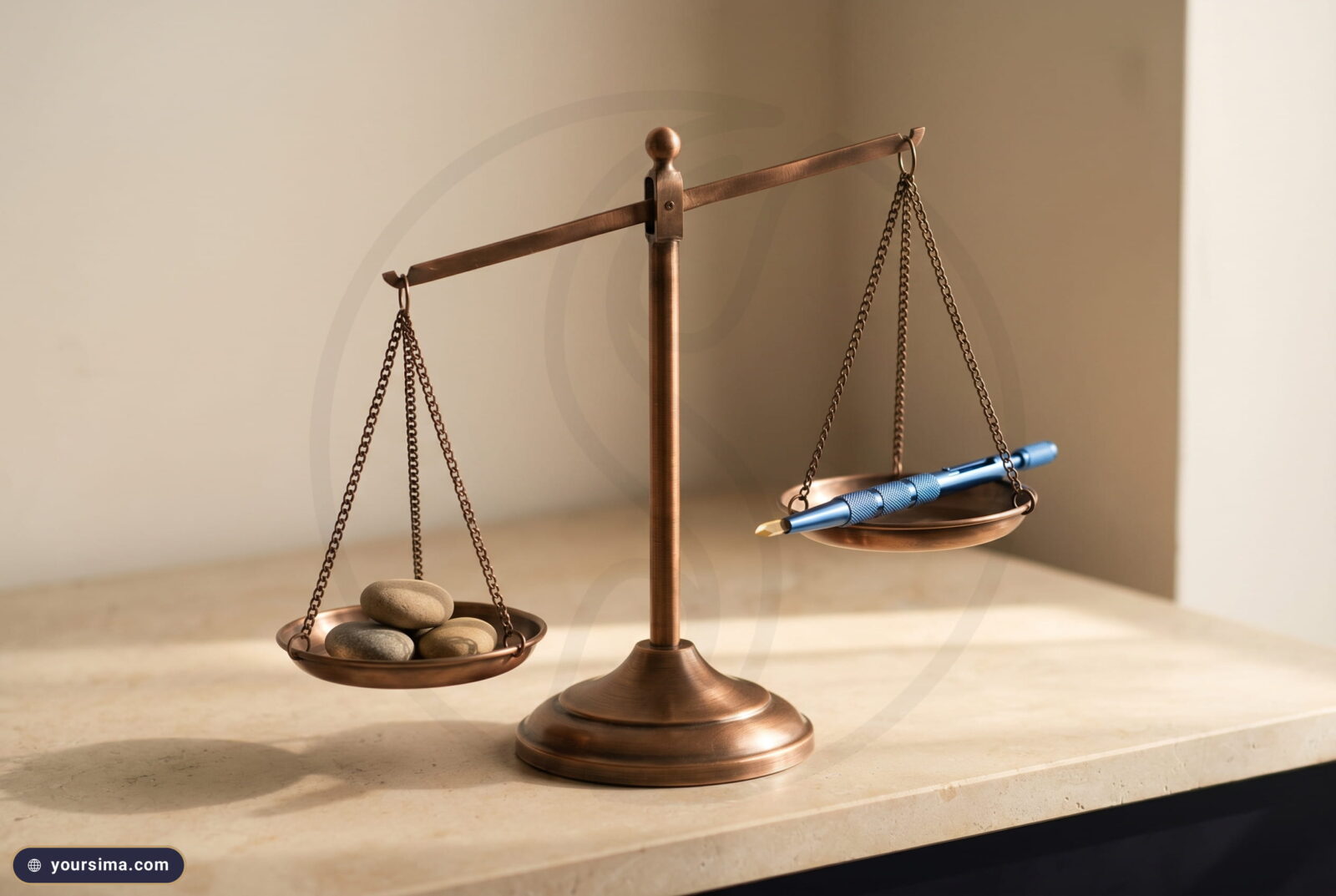 ميزان نحاسي تحمل كفته اليسرى ثلاث حصى صغيرة وكفته اليمنى شفرة سفير يوازن حدود التقنية ومهارة المنفذ