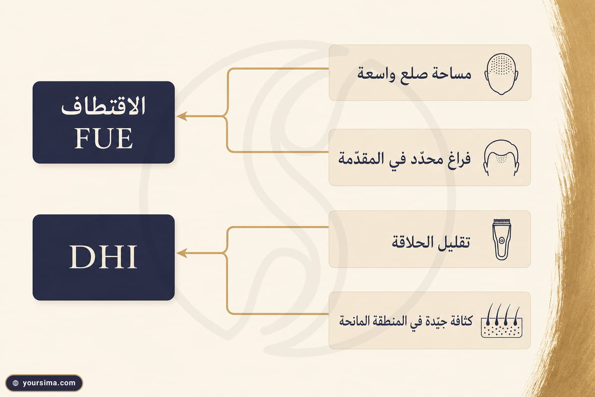 خريطة قرار تربط مساحة صلع واسعة وفراغ محدد وتقليل الحلاقة وكثافة المنطقة المانحة بالاقتطاف FUE أو DHI