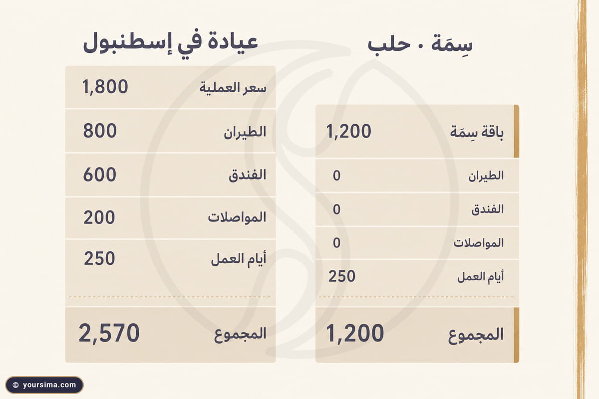رسم يقارن تكلفة زراعة الشعر بتقنية dhi بين عيادة في إسطنبول وباقة سِمَة في حلب بنداً بنداً