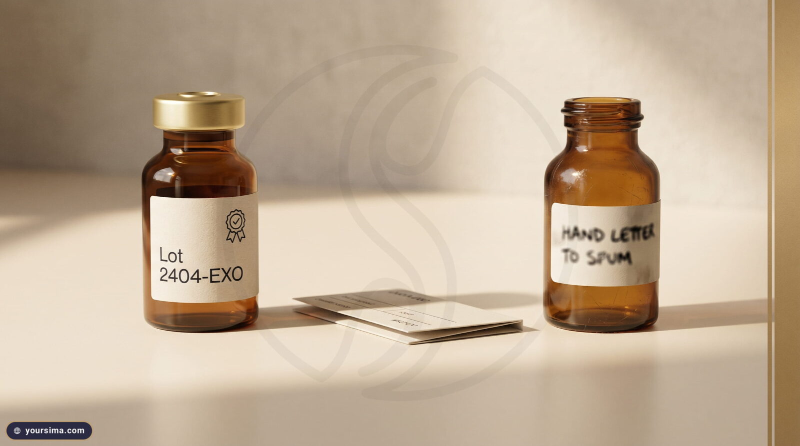 قارورة إكسوزوم كهرمانية بملصق مطبوع Lot 2404-EXO وشارة اعتماد مقابل قارورة بملصق يدوي، توضح أول عامل في سعر الإكسوزوم للشعر