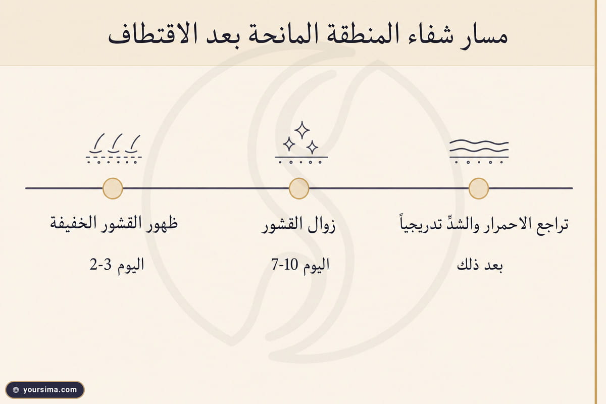 مخطّط زمني لشفاء المنطقة المانحة بعد الاقتطاف يوضّح ظهور القشور وزوالها وتراجع الاحمرار بالأيام