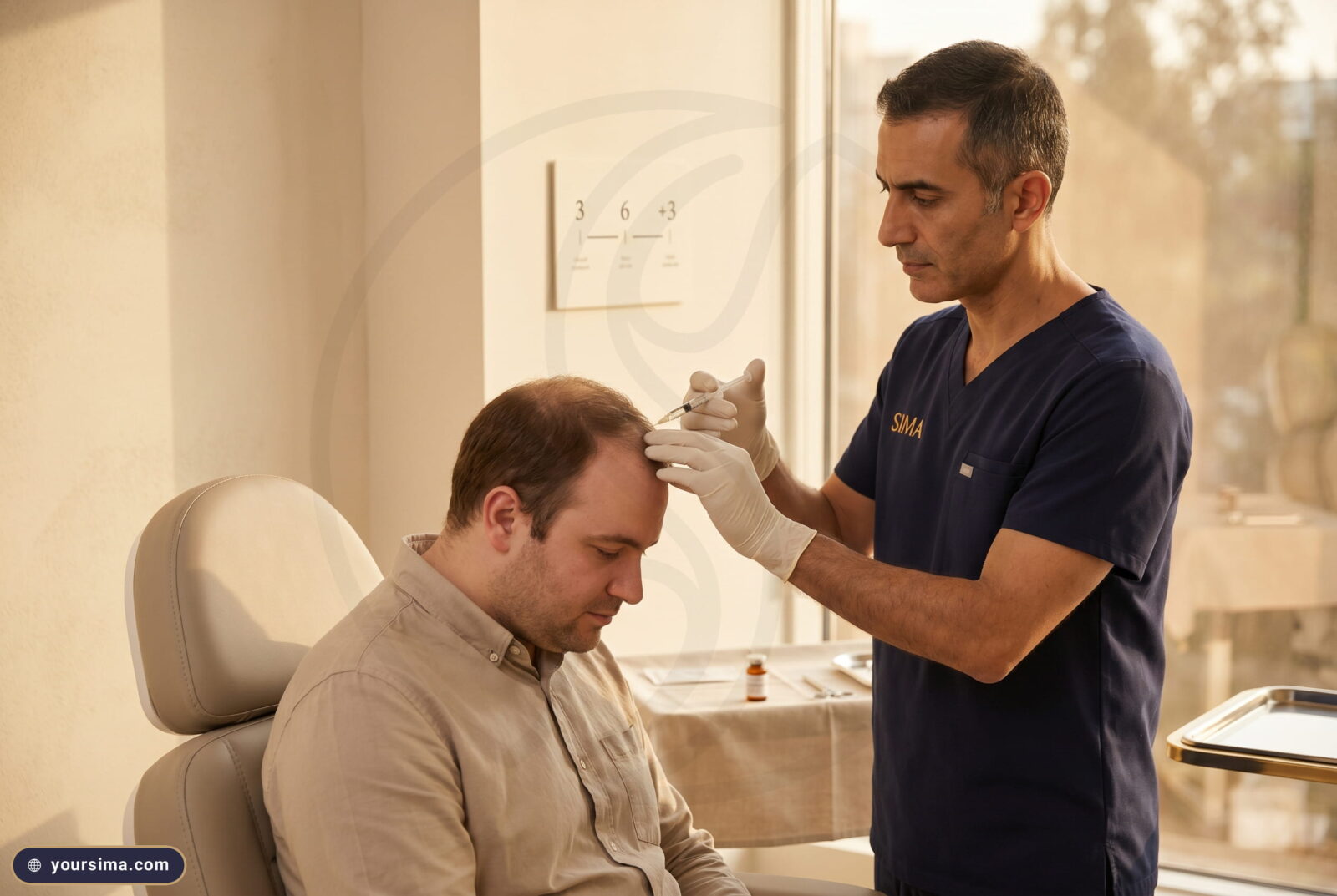 أخصائي تركي بزي سِمَة الكحلي يحقن الإكسوزوم في فروة رجل جالس مطأطئ الرأس مع بطاقة جدول 3 و6 و+3 على الجدار