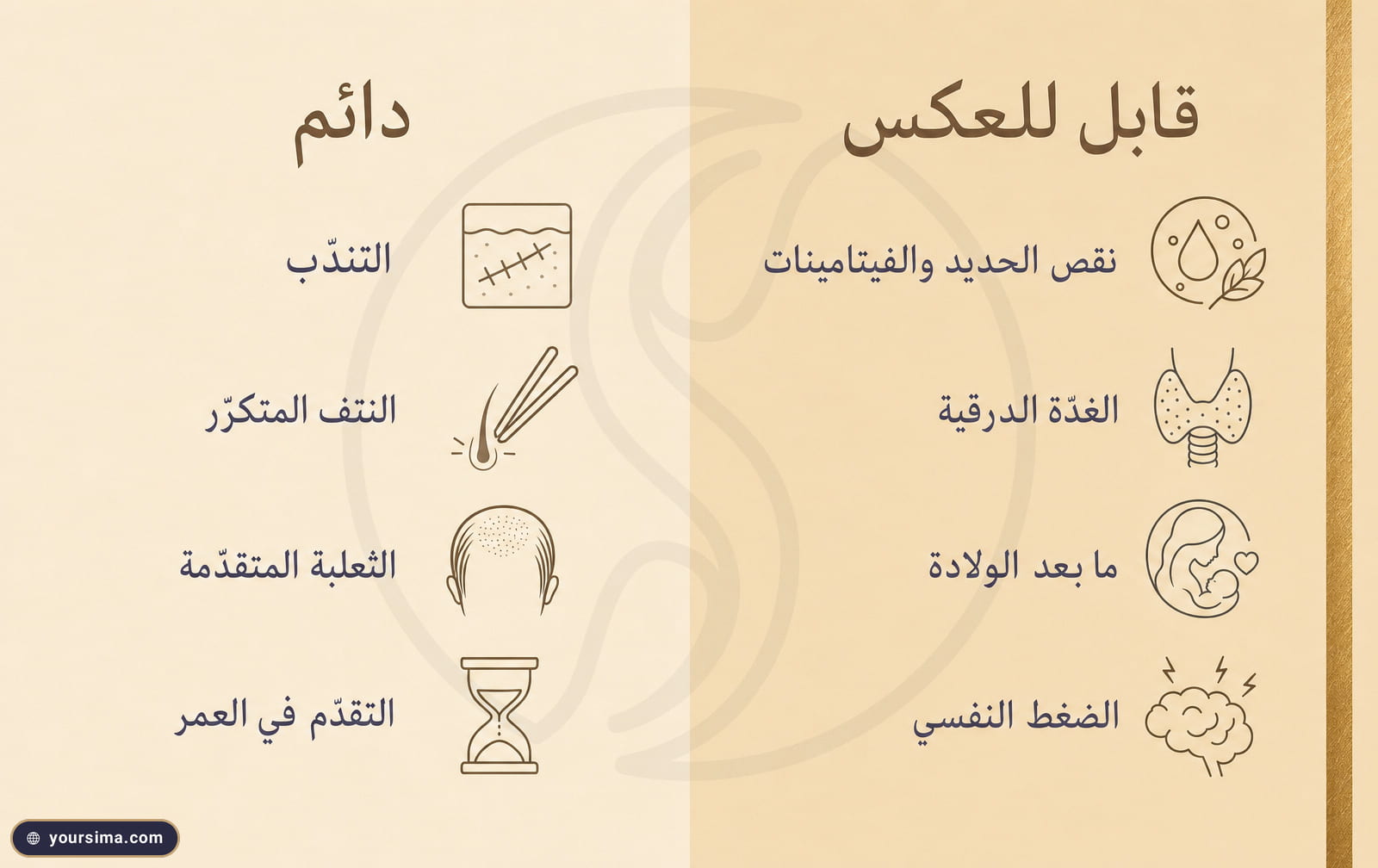 مخطّط يقسم أسباب تساقط الحواجب إلى عمود قابل للعكس وعمود دائم بأيقونات وعناوين عربية هادئة النبرة
