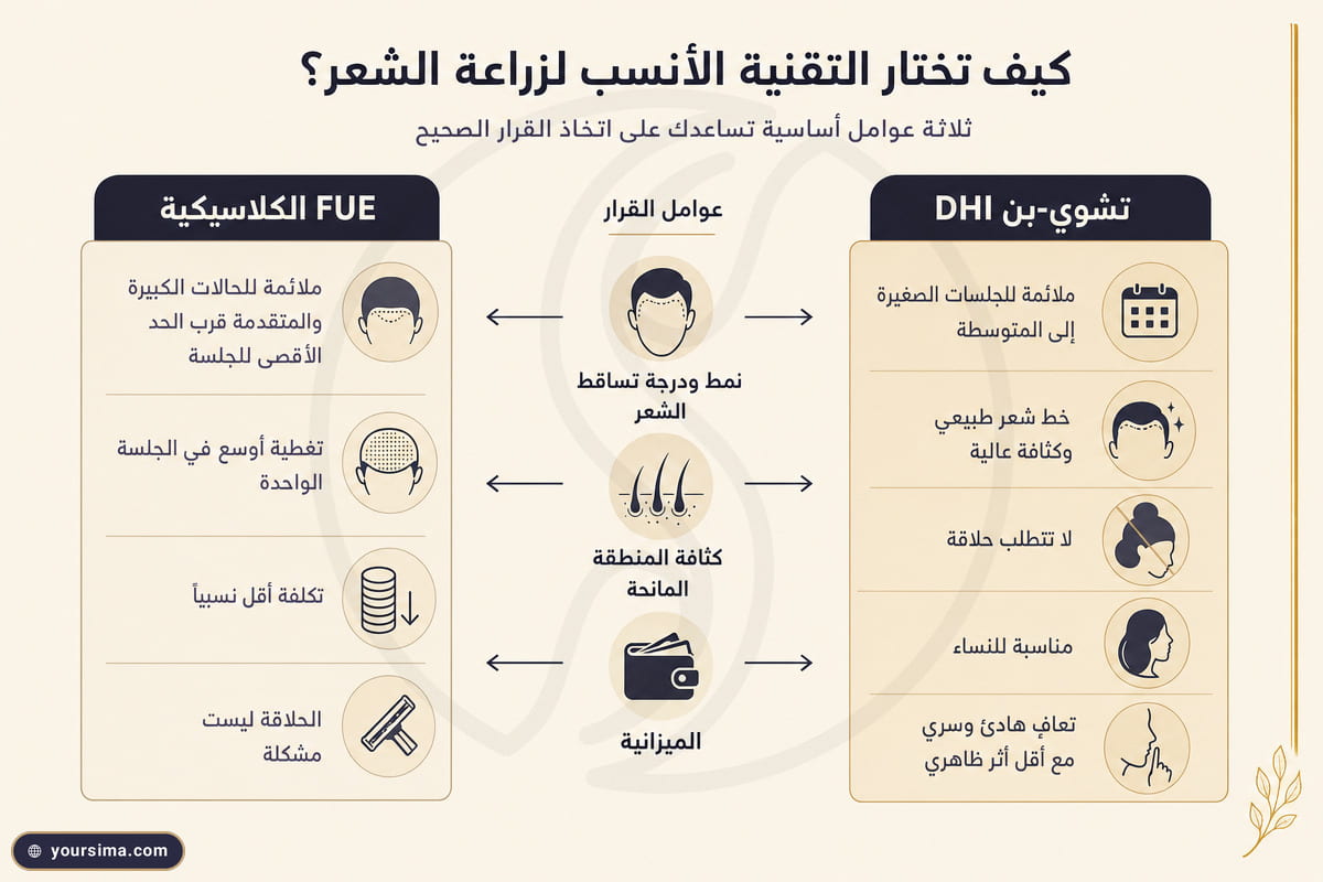 رسم يوضّح معايير اختيار التقنية المناسبة لكل حالة بين الاقتطاف الكلاسيكي وdhi بقلم تشوي