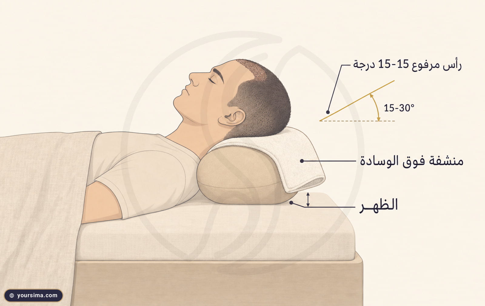 رسم توضيحي لوضعية النوم على الظهر برأس مرفوع بزاوية 15-30 درجة على وسادة طبية مع منشفة فوقها