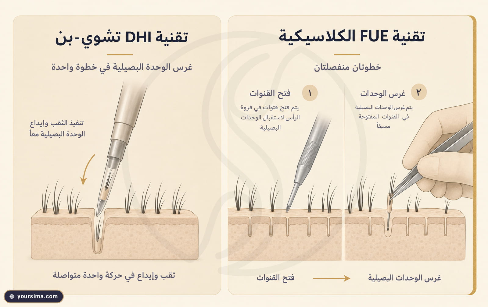 رسم توضيحي يقارن وضع الغرسة على خطوتين في الاقتطاف مقابل الحركة الواحدة بقلم تشوي في تقنية dhi