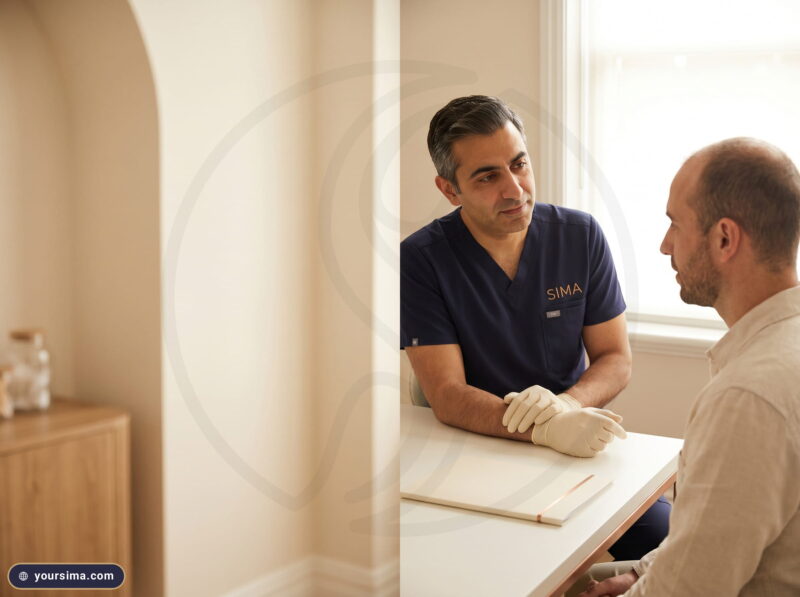 اختصاصي سِمَة بزي كحلي يصغي لمراجع بشعر خفيف خلال استشارة زراعة الشعر بدون جراحة في عيادة حلب بإضاءة دافئة