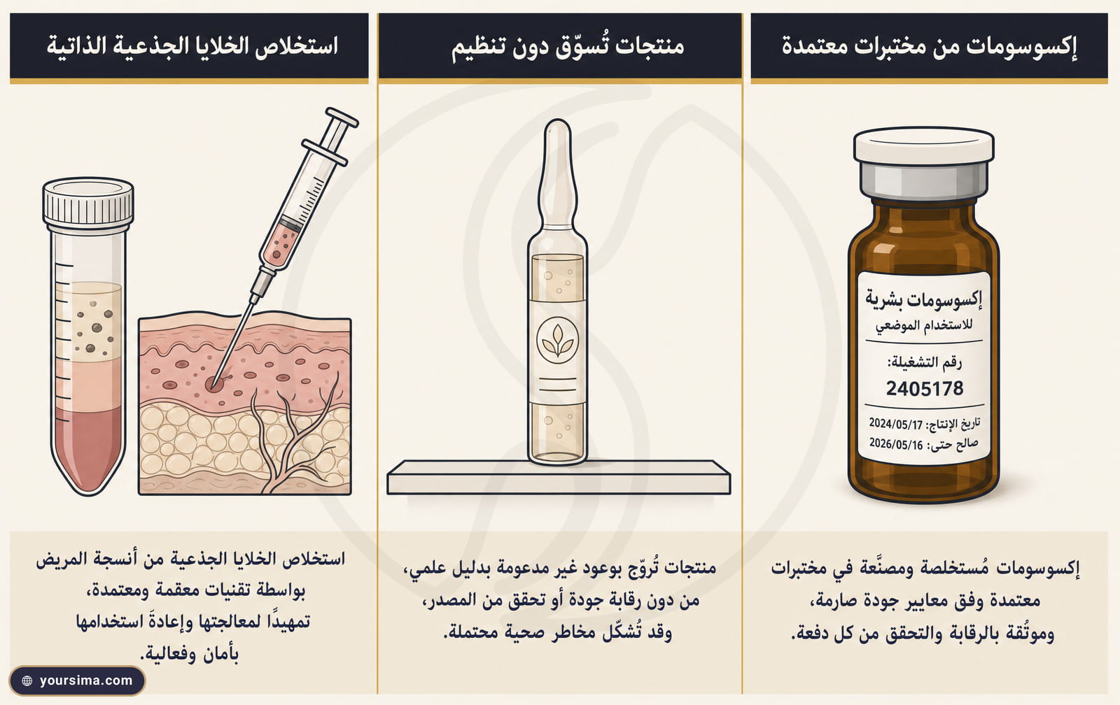 رسم بياني بثلاثة أعمدة يقارن الاستخلاص الذاتي والأمبولات التسويقية وإكسوزوم المختبر المعتمد ضمن الخلايا الجذعية للشعر
