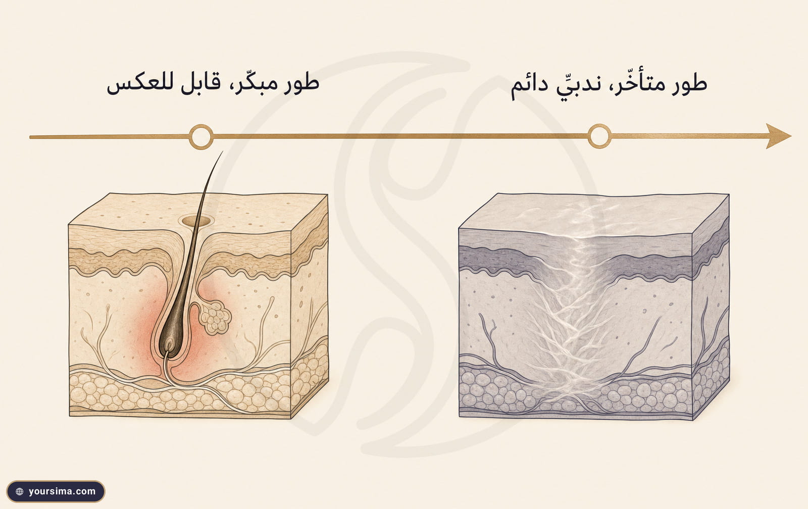 خط زمني يقارن الطور المبكر القابل للعكس بالطور المتأخر الندبي الدائم في ثعلبة الشد