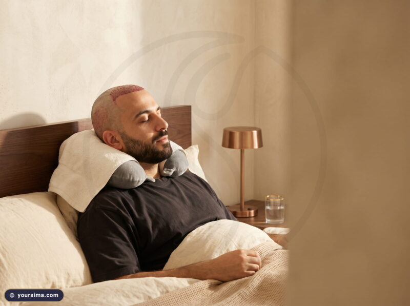 النوم بعد زراعة الشعر على الظهر برأس مرفوع على وسادة طبية في غرفة دافئة بضوء الصباح