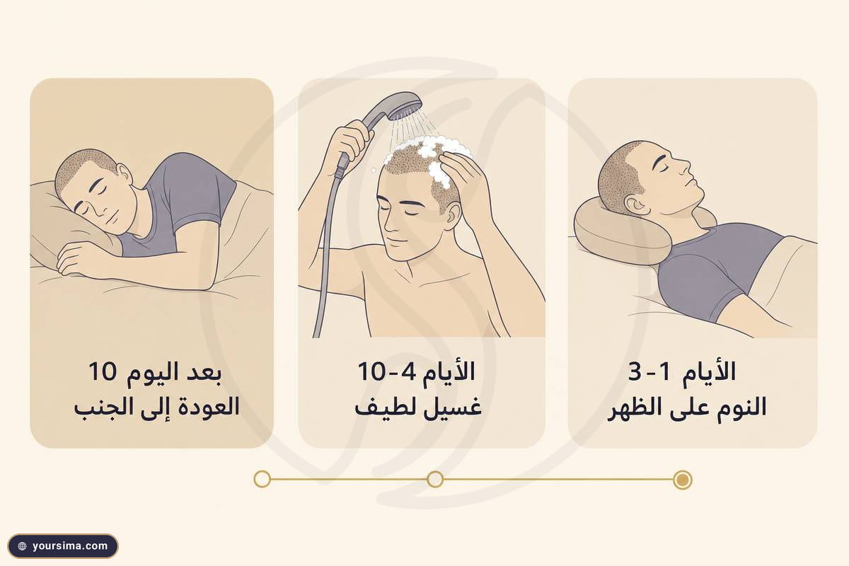 خط زمني لأيام التعافي الأولى من النوم على الظهر الأيام 1-3 إلى الغسيل اللطيف الأيام 4-10 ثم العودة إلى الجنب