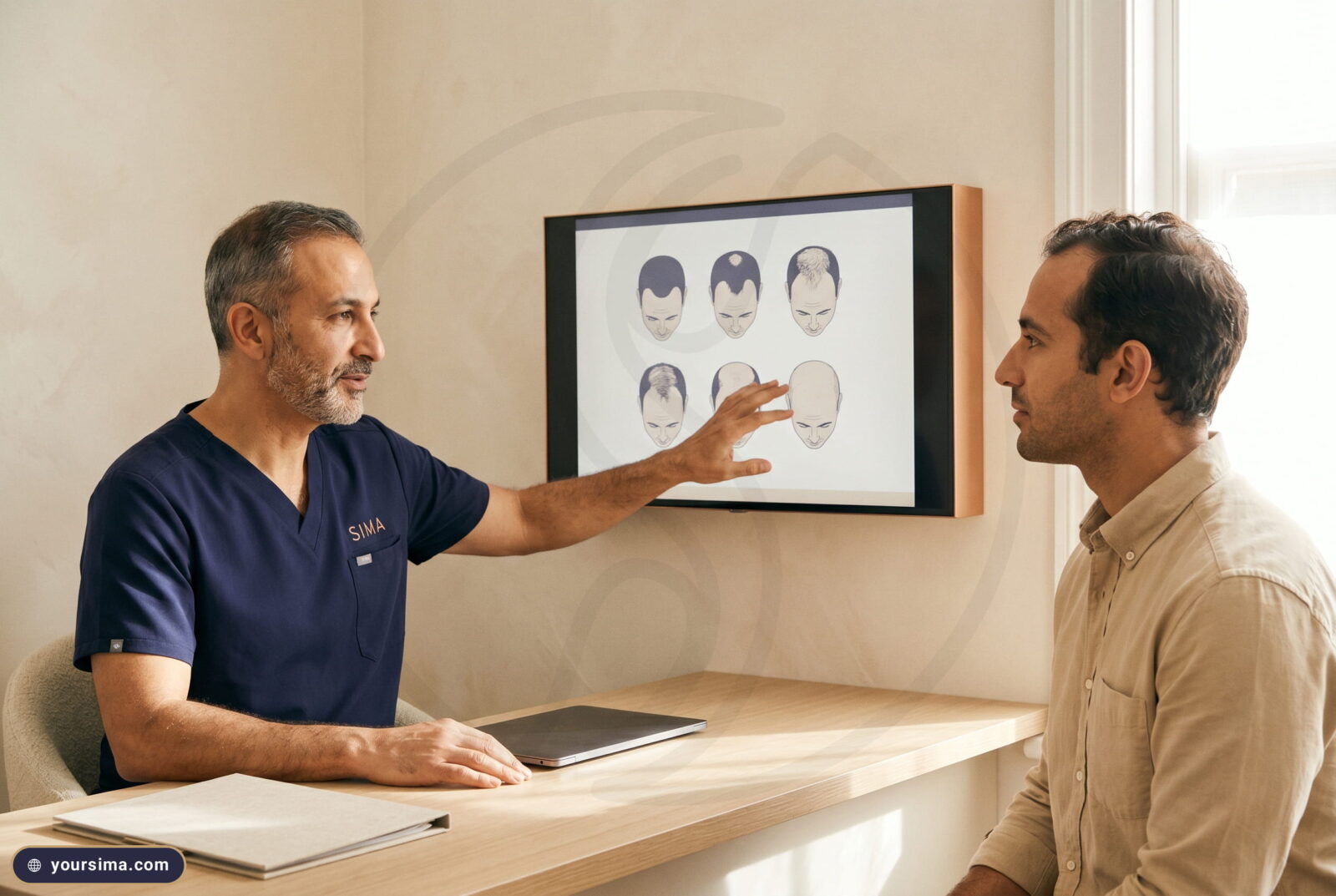 أخصائي سِمَة بزيّ كحلي يشرح مخطط درجات التساقط على شاشة لمراجع جالس، حيث تتحدد التكلفة حسب الحالة