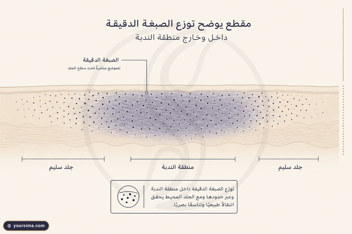 مقطع توضيحي مكبّر يبيّن نقاط الصبغة الدقيقة المودَعة داخل منطقة الندبة وحولها لتذويب التباين مع الجلد السليم