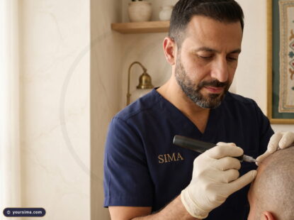 أخصائي سِمَة يجري صبغ فروة الرأس المجهري بقلم دوار دقيق يجسد الفرق بين صبغ فروة الرأس المجهري والوشم في الأداة والغرض
