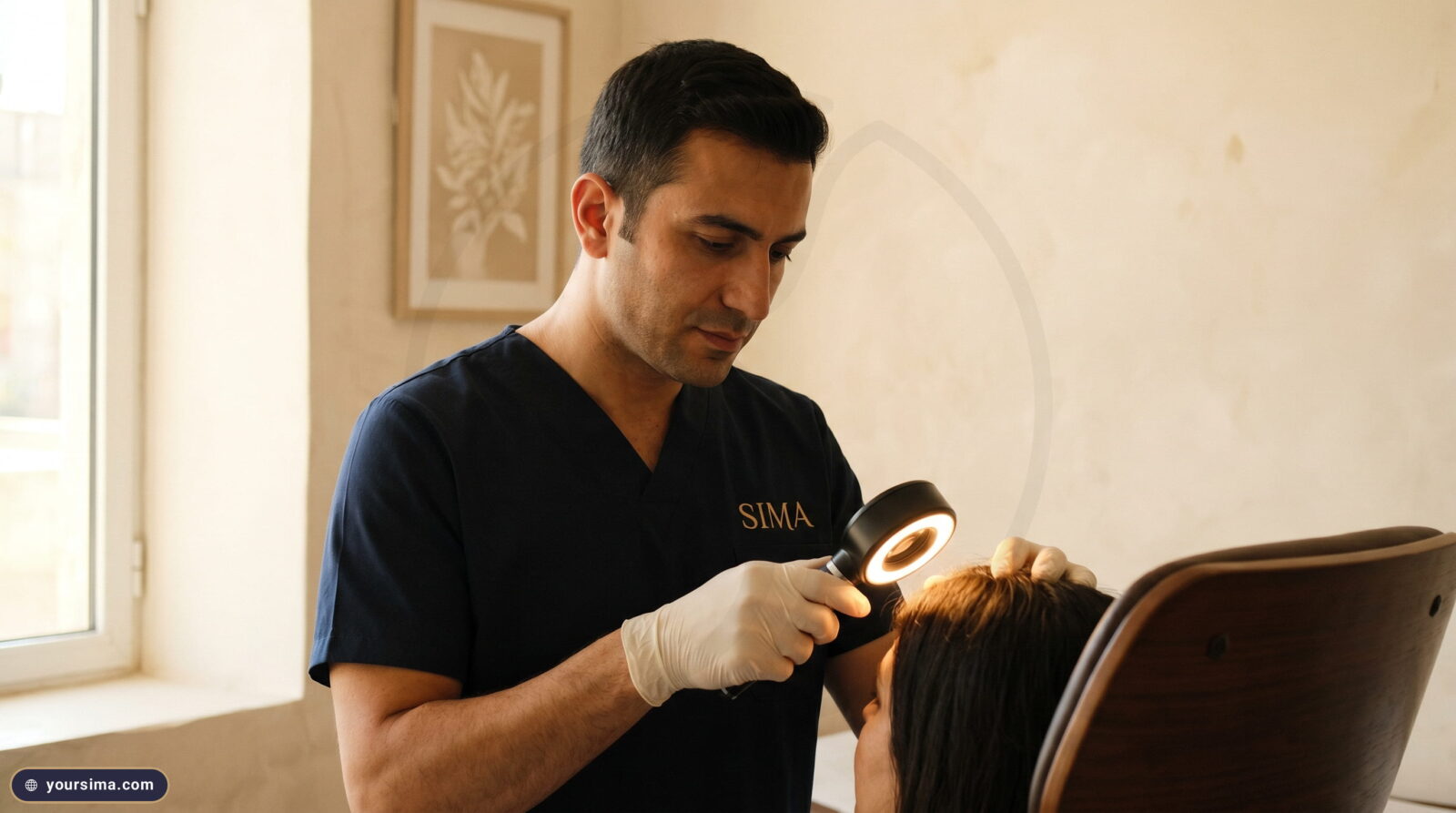 طبيب متخصص بزيّ سِمَة الكحلي يفحص فروة رأس مراجِع بمنظار تريكوسكوب مضيء في عيادة حلبية هادئة