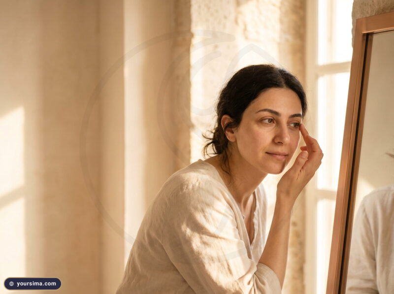 امرأة تتأمّل حاجبها في مرآة بيتٍ حلبيّ بضوءٍ دافئ، وتسأل هل ينمو شعر الحواجب بعد سقوطه