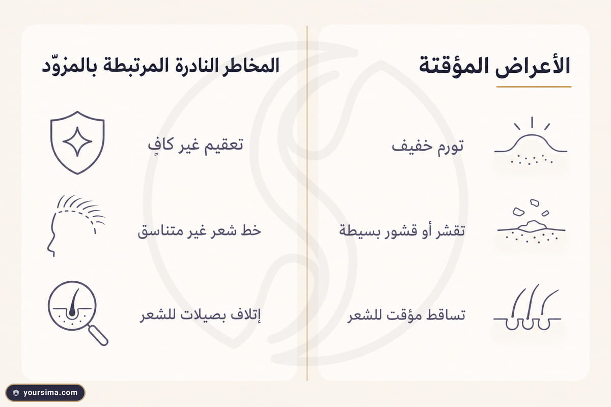 رسم توضيحي بعمودين يقابل بين الأعراض المؤقتة لزراعة الشعر والمخاطر النادرة المرتبطة باختيار المزوّد