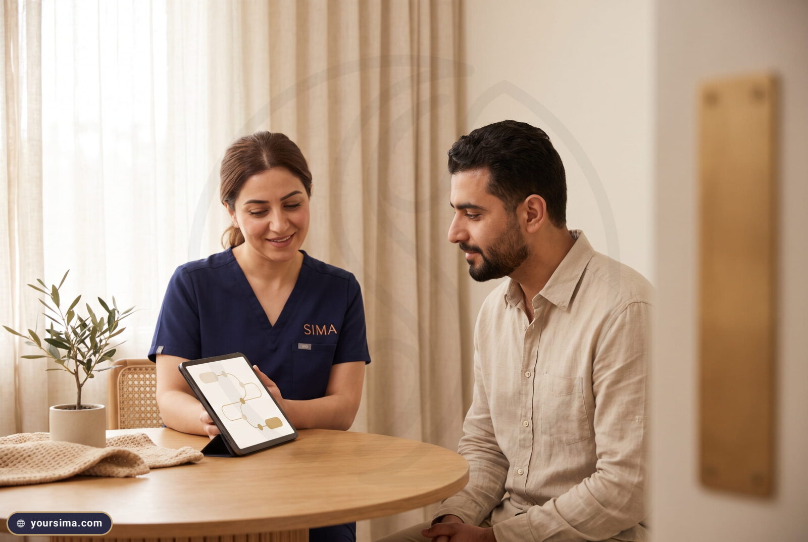 أخصائية في سِمَة تعرض على عميلها رسماً تخطيطياً مجرداً لجدول متابعة على جهاز لوحي أثناء استشارة هادئة