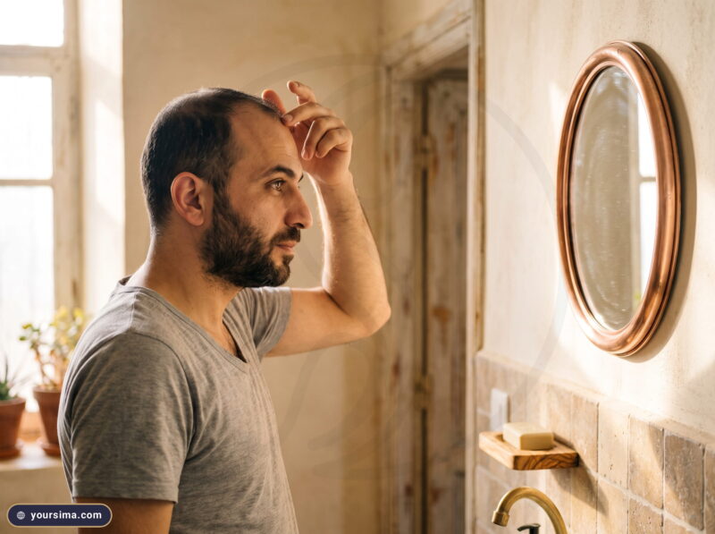 رجل يتأمل خط شعره المتراجع أمام مرآة نحاسية دائرية في ضوء صباحي دافئ، لحظة هدوء قبل تقييم فوائد ابرة الاكسوزوم للشعر