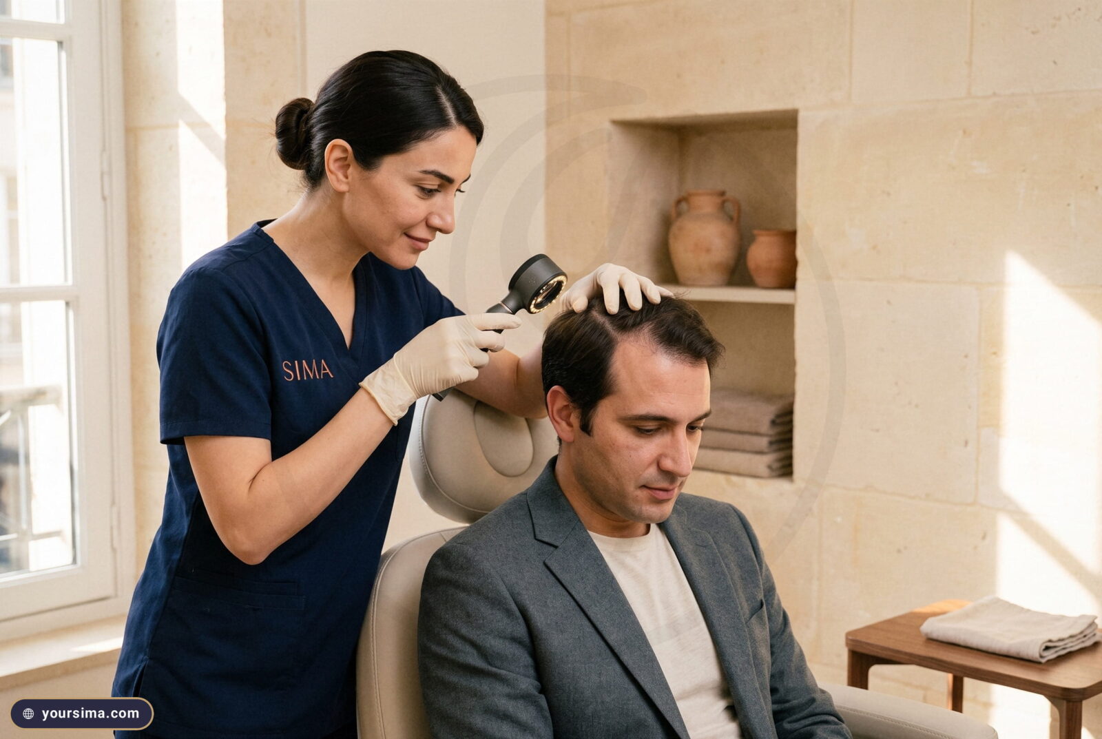 أخصائية في سِمَة تفحص تاج رأس رجل بمنظار جلد محمول خلال استشارة هادئة في عيادة بحلب