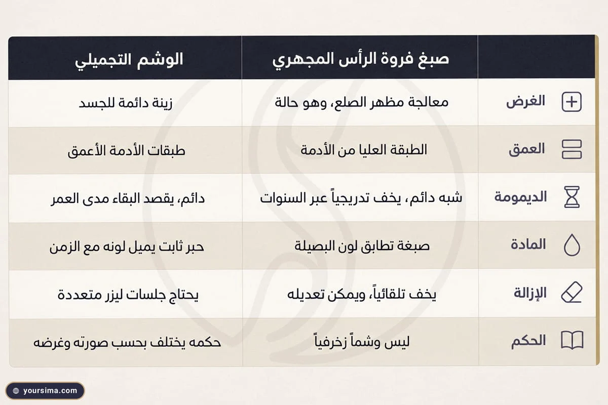بطاقة مقارنة بين صبغ فروة الرأس المجهري والوشم التجميلي في الغرض والعمق والديمومة والمادة والإزالة والحكم